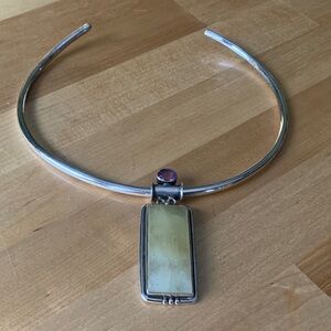 Sterling Silver Prehnite and Amethyst pendant necklace